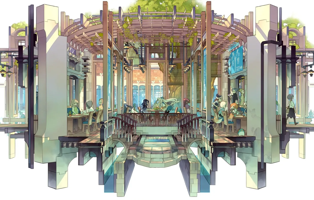 Photo wallpaper trees, children, design, cafe, railings, canopy, veranda, crown