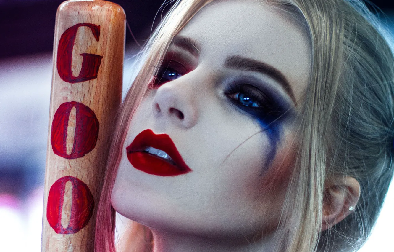 Photo wallpaper face, makeup, Harley Quinn, bit, Harley Quinn