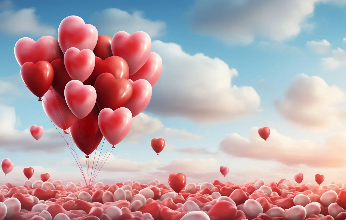 Photo wallpaper the sky, clouds, love, red, balloons, holiday, heart, hearts