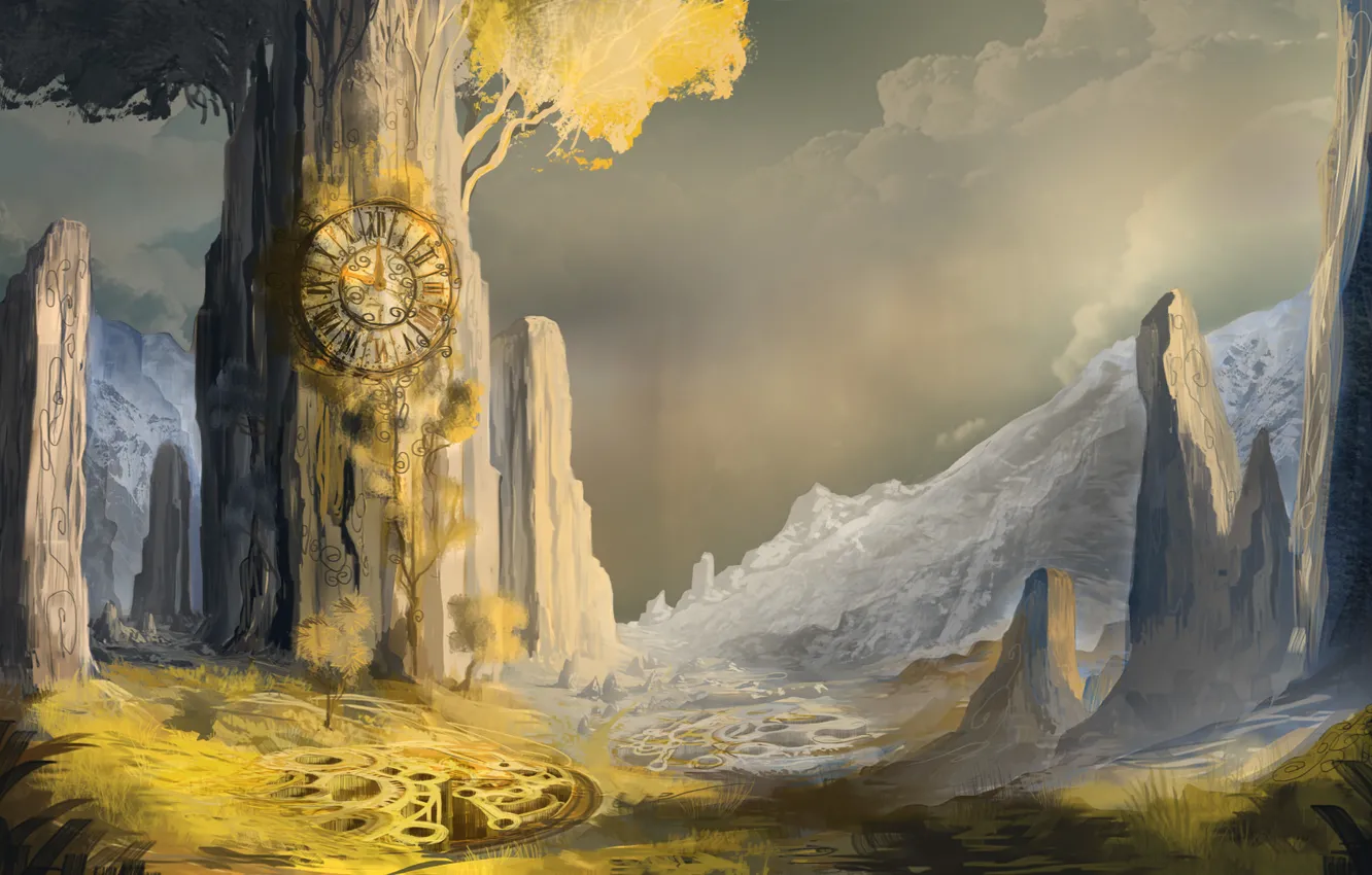 Photo wallpaper mountains, fantasy, watch, art, tree, Manu Micheler