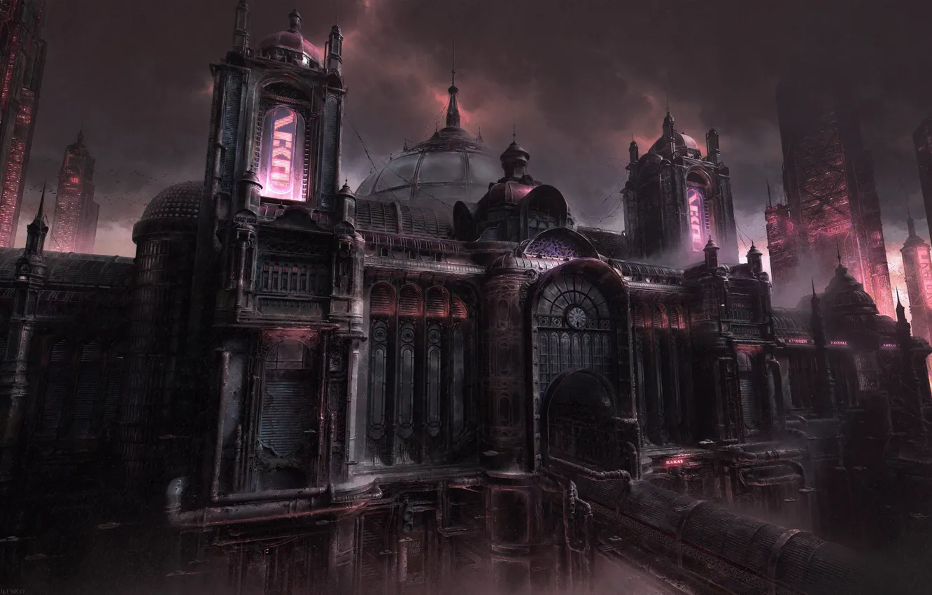 Photo wallpaper night, clouds, city, the city, future, fiction, building, home