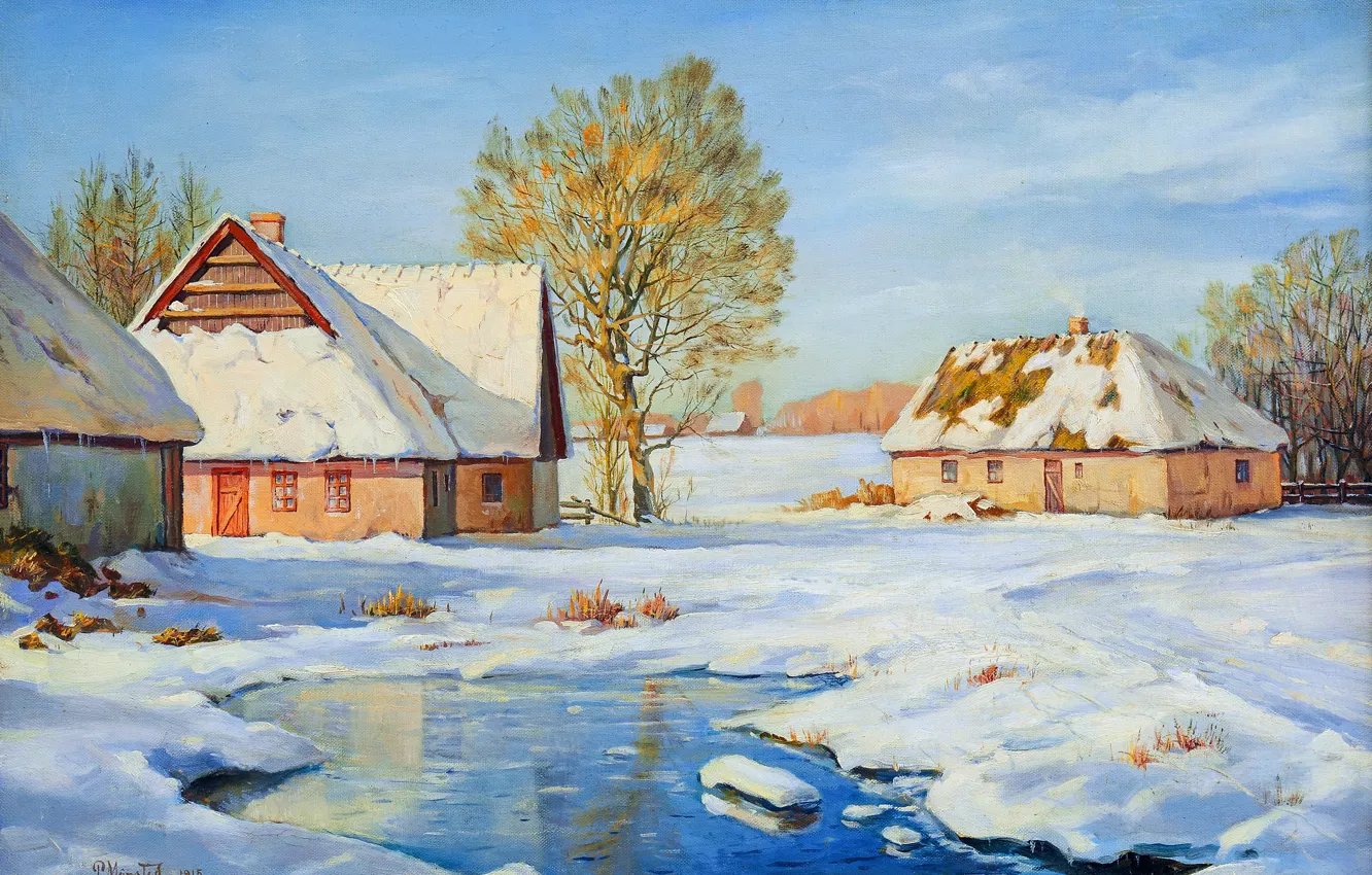 Photo wallpaper winter, snow, trees, home, picture, Peder Mork Monsted, Danish painter, Peter Merk Of Menstad