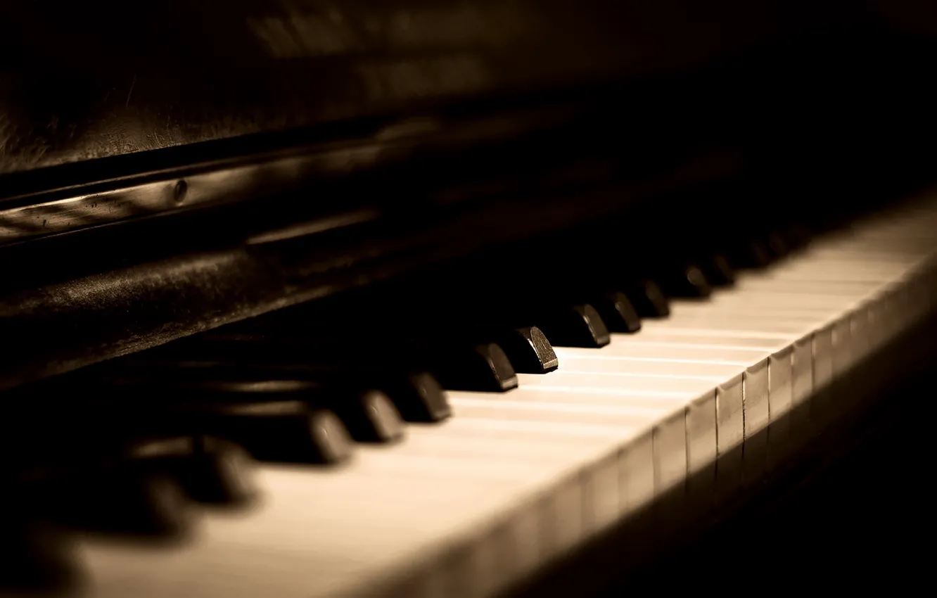 Photo wallpaper light, retro, music, keys, black background, piano, piano, musical instrument