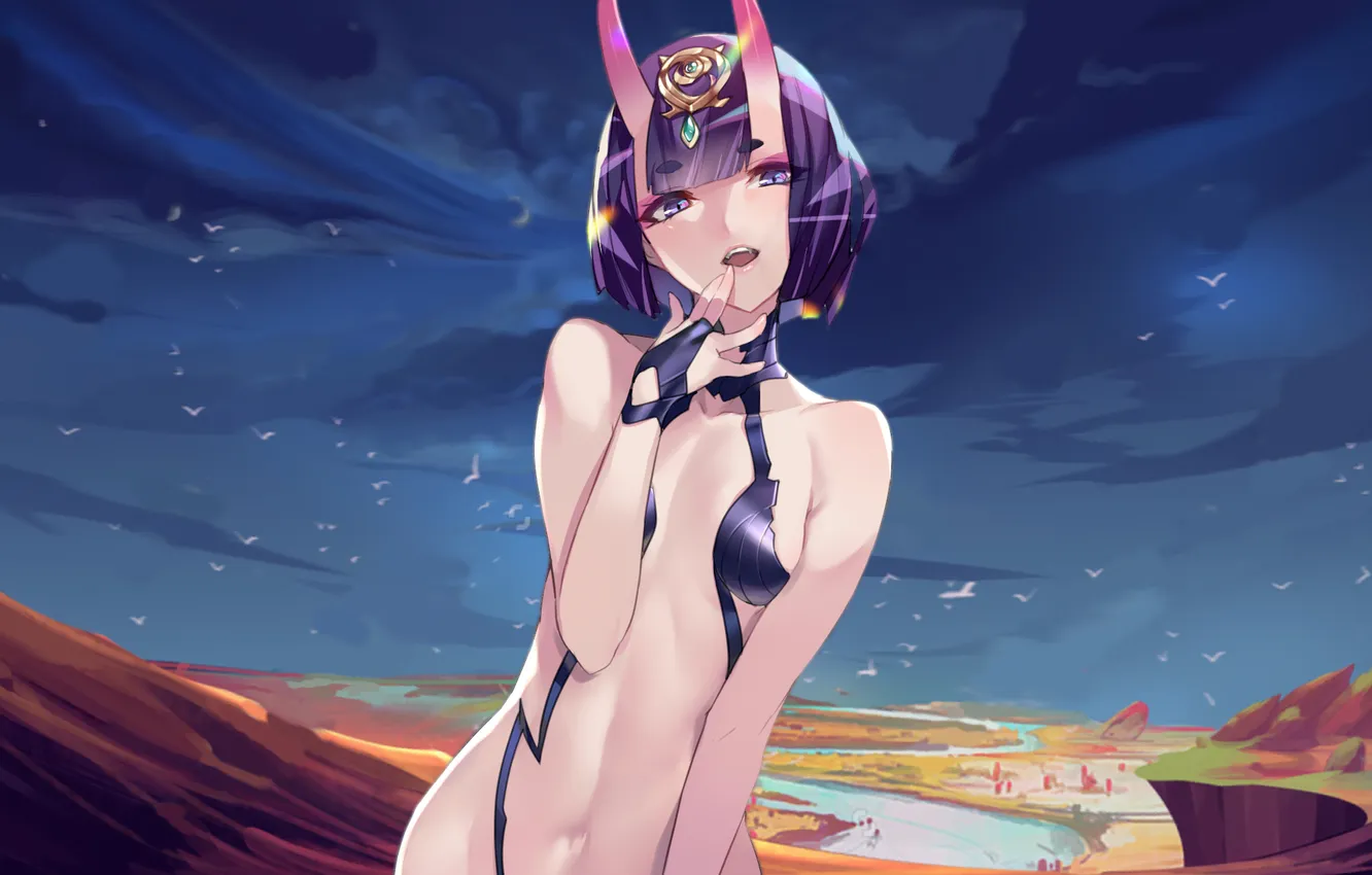 Photo wallpaper demon, girl, fantasy, lingerie, horns, sky, anime, purple eyes