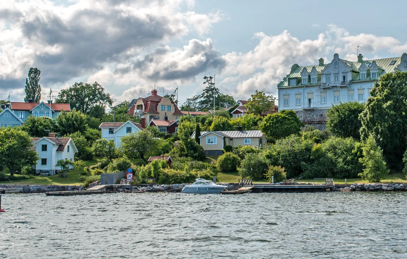 Photo wallpaper the sky, clouds, trees, the city, river, shore, Sweden, Stockholm