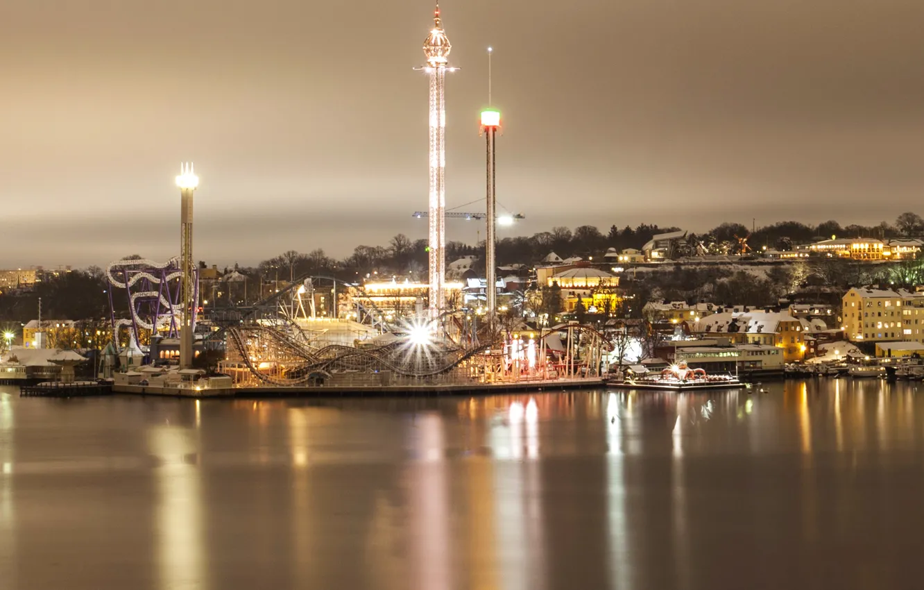 Photo wallpaper night, lights, Park, river, rides, Sweden, promenade, Stockholm