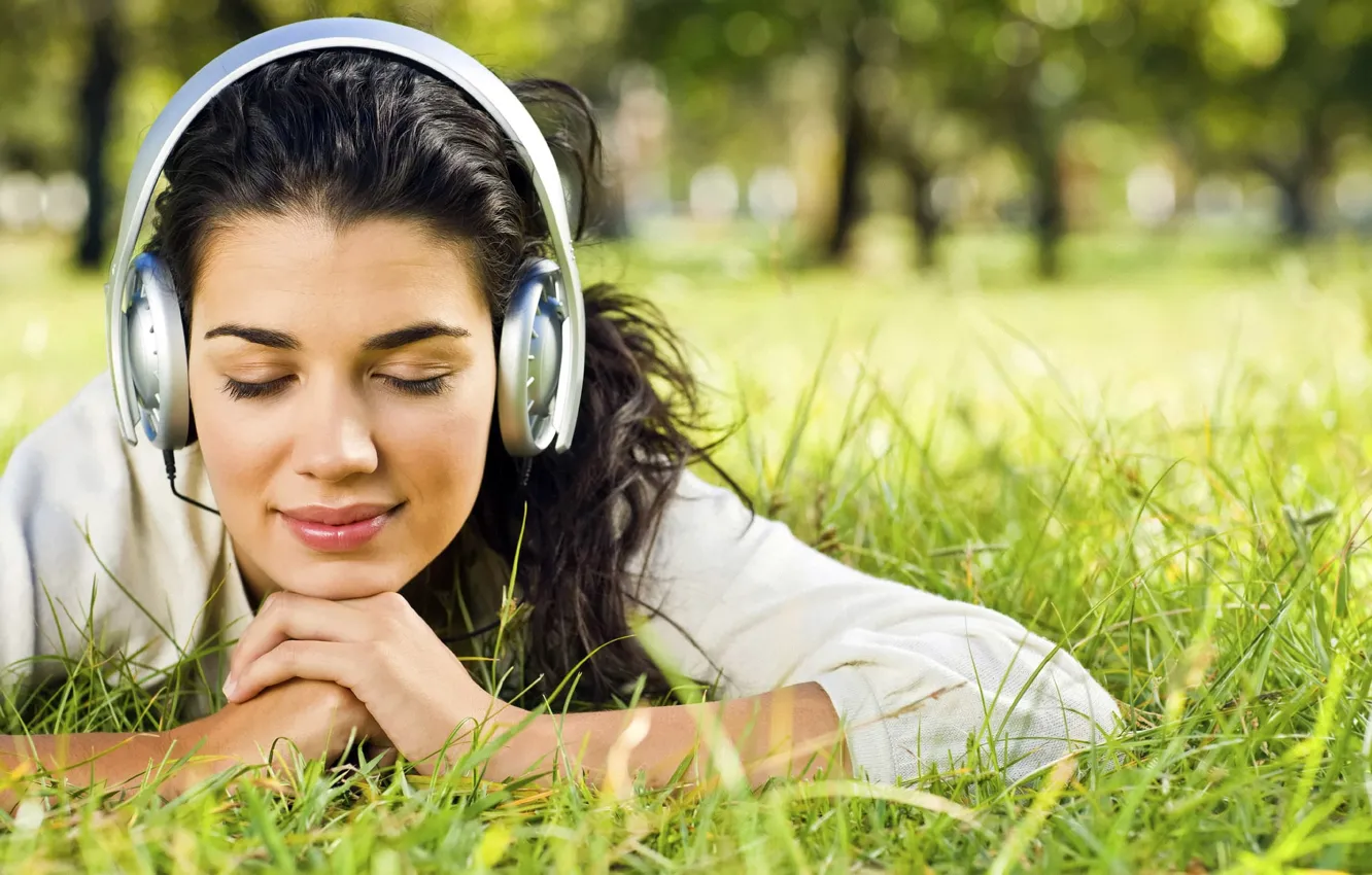 Photo wallpaper grass, girl, Park, lies, listening to music