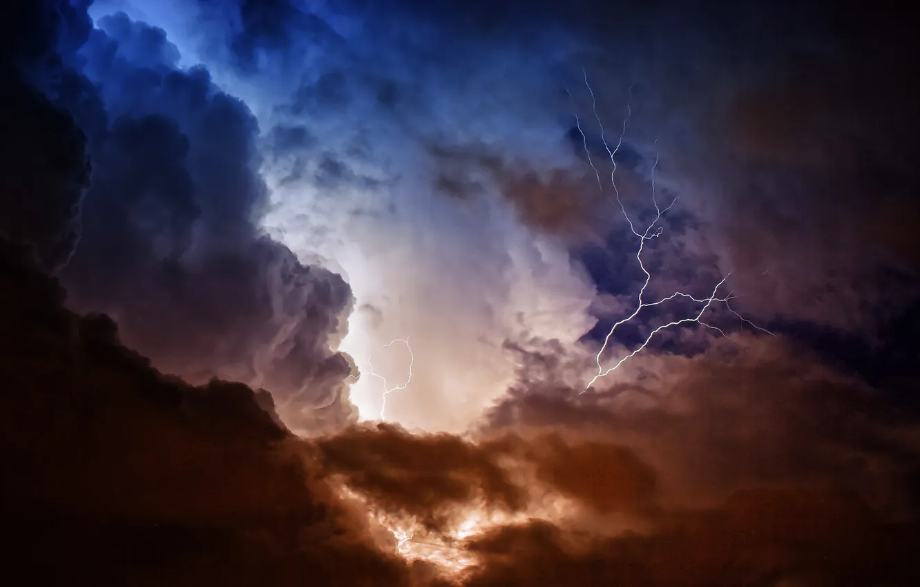 Photo wallpaper the storm, clouds, element, lightning