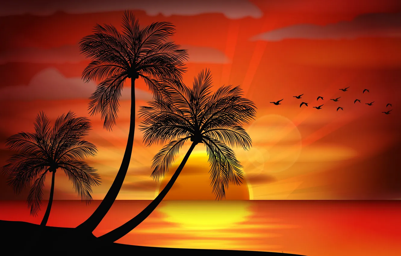 Photo wallpaper sea, sunset, palm trees, vector, island, silhouette, sea, sunset