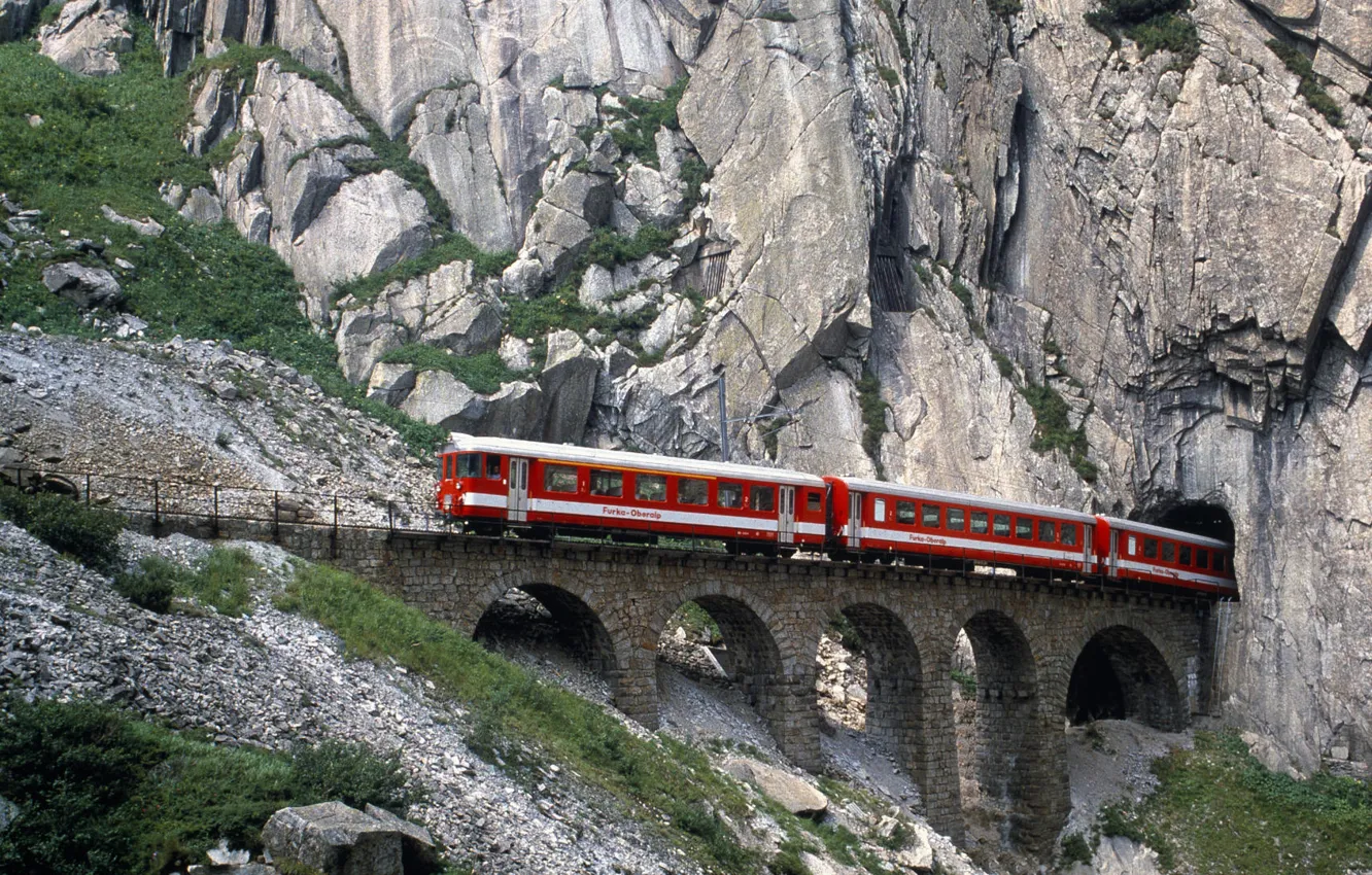 Photo wallpaper Mountains, Switzerland, Railroad