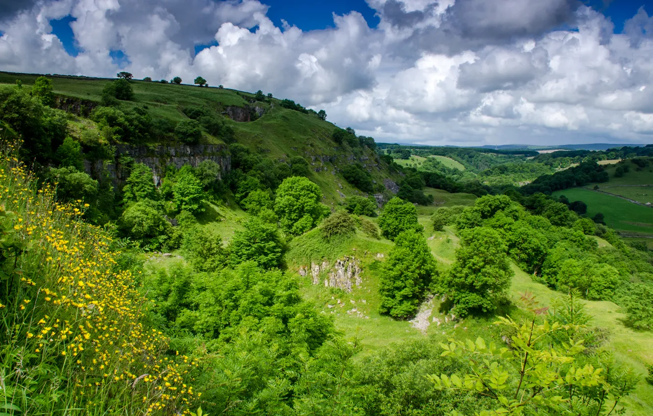 Photo wallpaper clouds, trees, mountains, landscape, field, England, Millers Dale