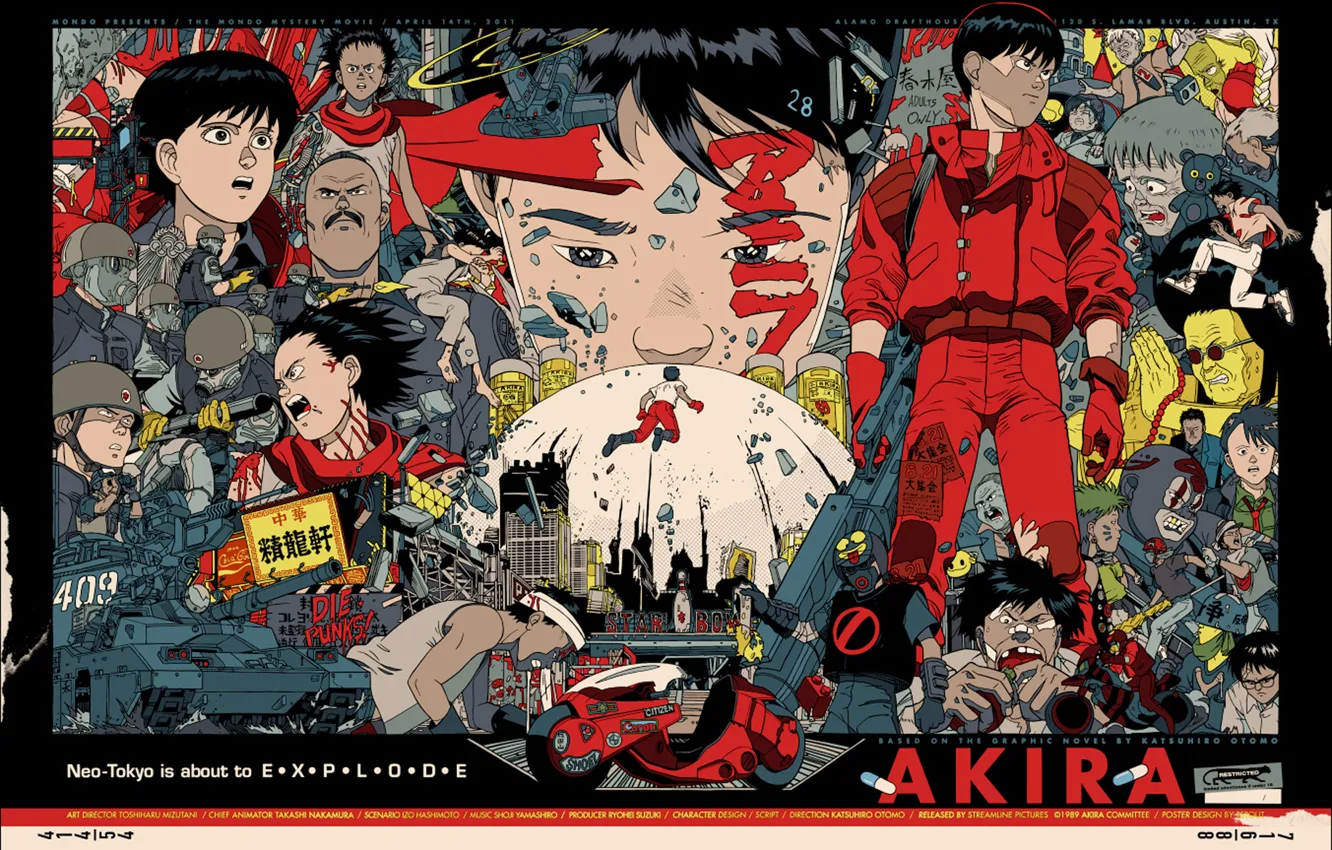 Photo wallpaper the explosion, art, soldiers, motorcycle, tank, the bandits, Akira, Akira