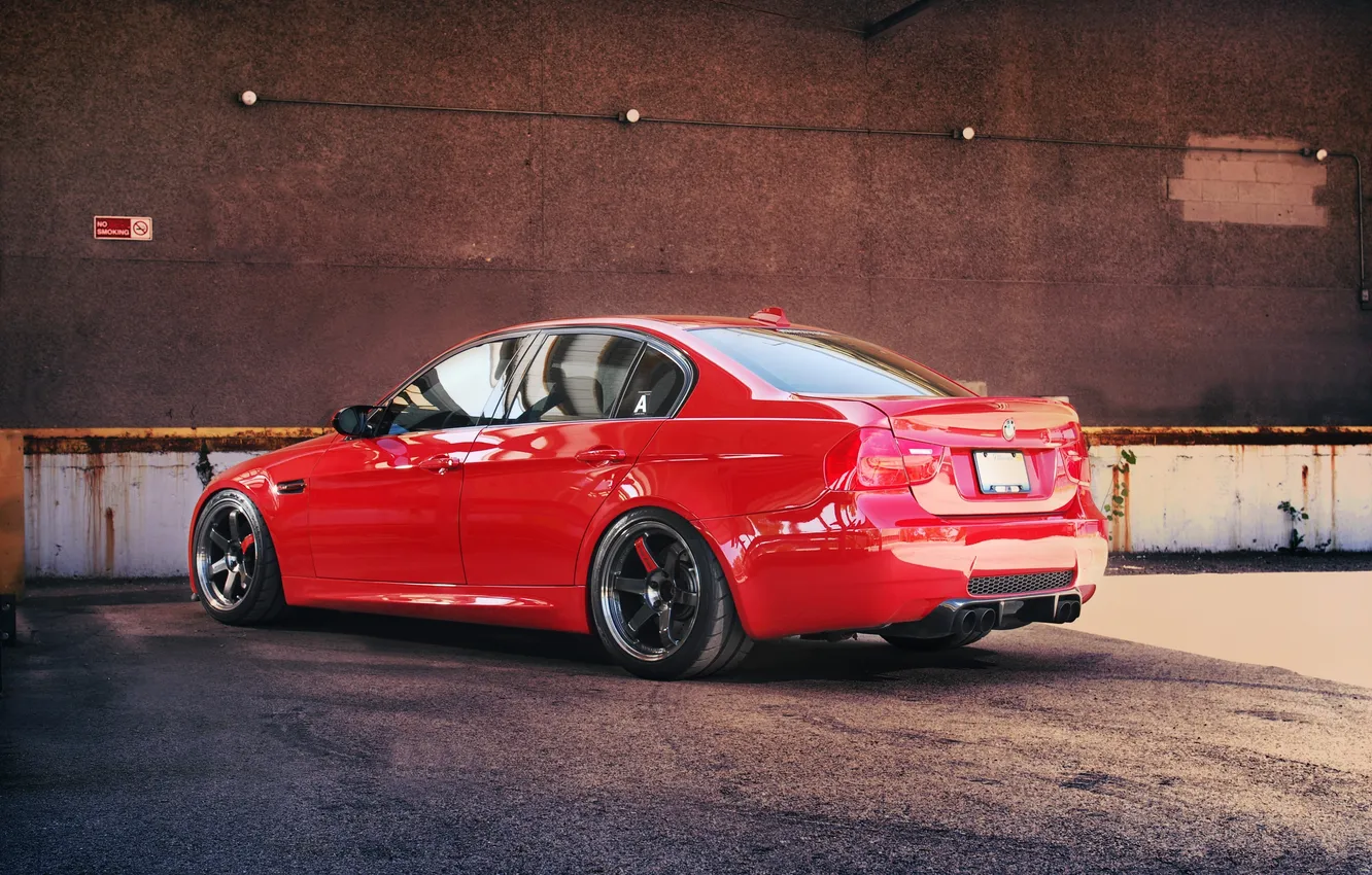 Photo wallpaper red, reflection, BMW, BMW, red, sedan, E90, Wall brick