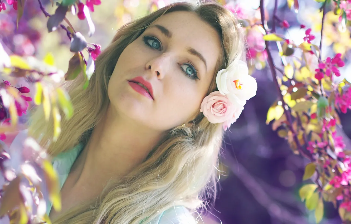 Photo wallpaper look, girl, flowers, branches, blonde, blue-eyed