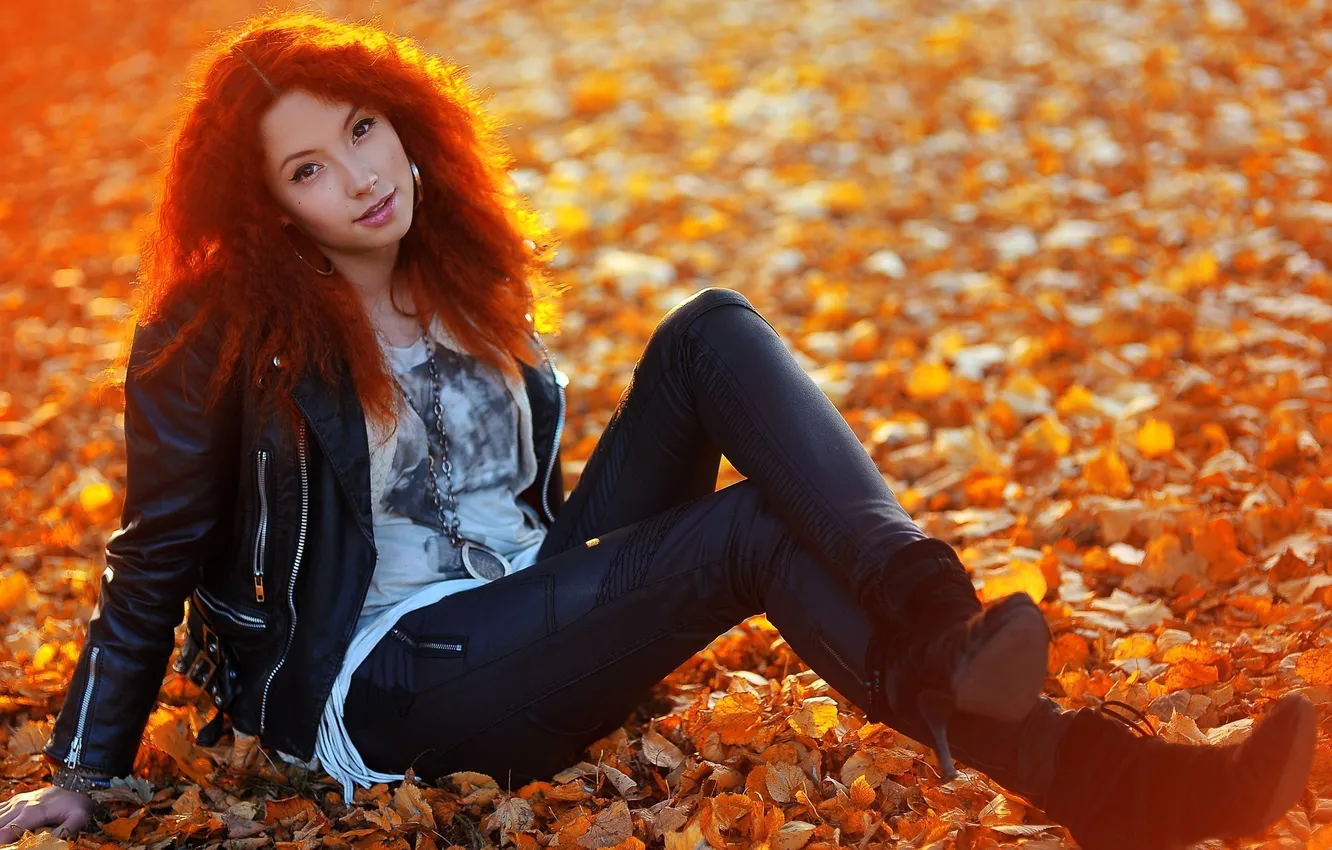 Photo wallpaper autumn, leaves, girl, nature, girls, red, the colors of autumn