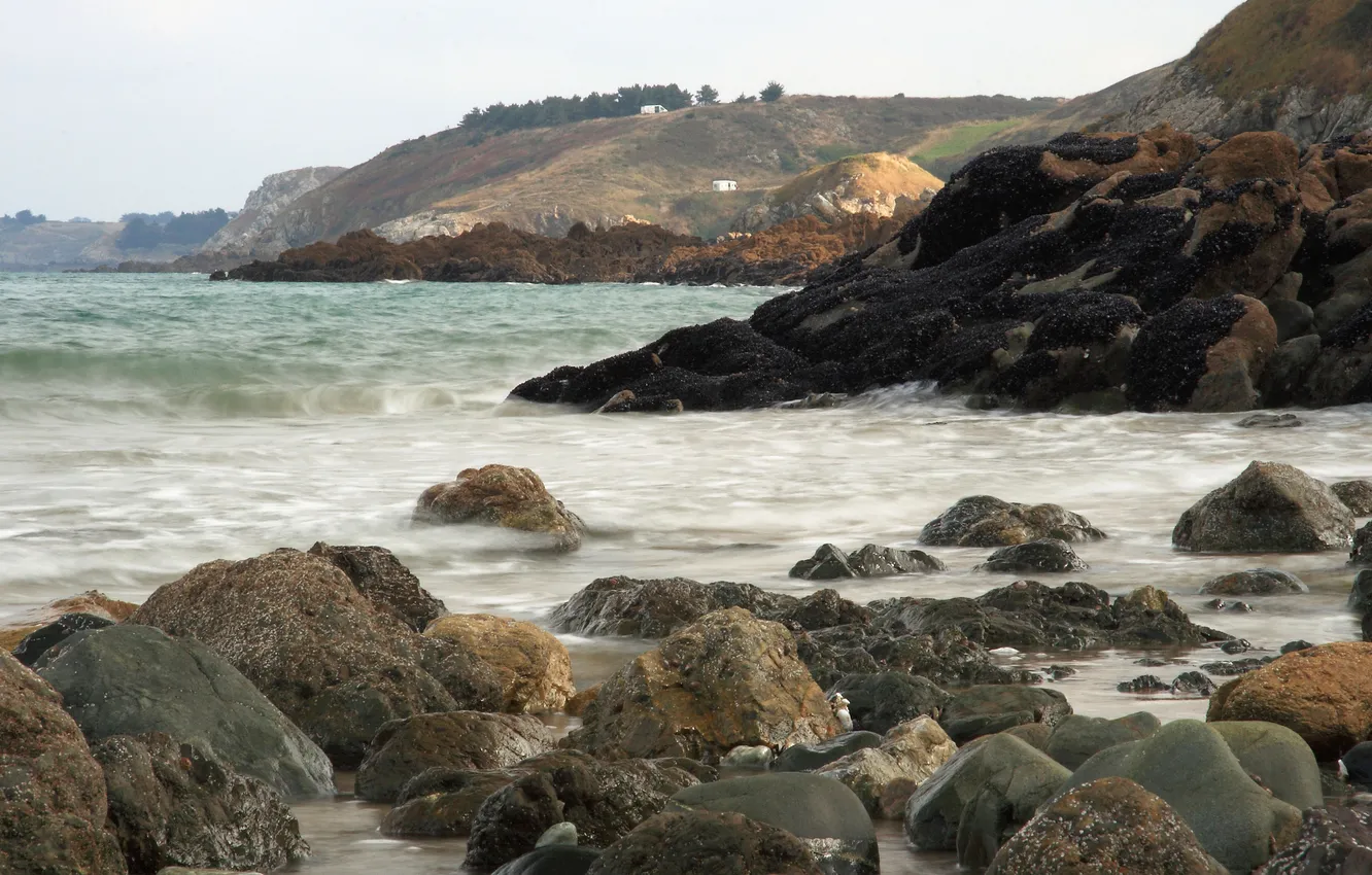 Photo wallpaper sea, wave, stones