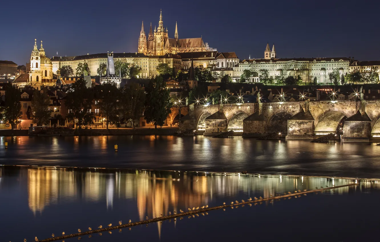 Photo wallpaper night, lights, river, home, Prague, Czech Republic, Vltava, Charles bridge