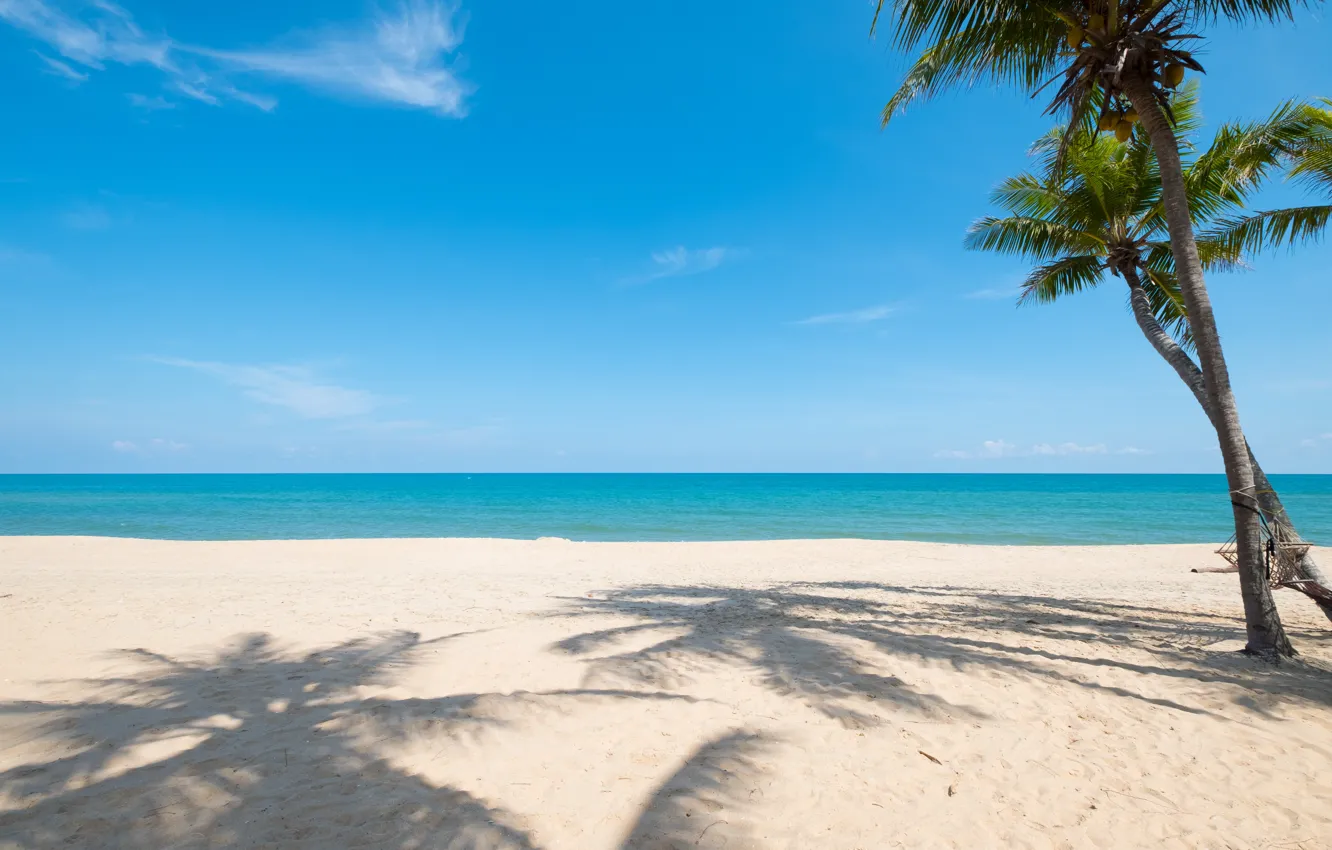 Photo wallpaper sand, sea, wave, beach, summer, the sky, palm trees, shore
