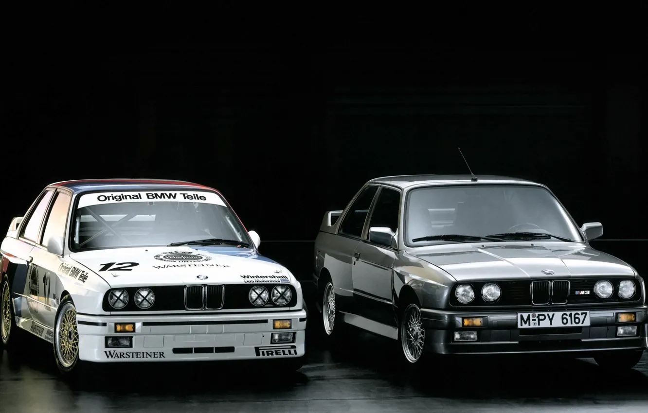 Photo wallpaper BMW, black background, DTM, E30, racing car, 1987, the front.grey