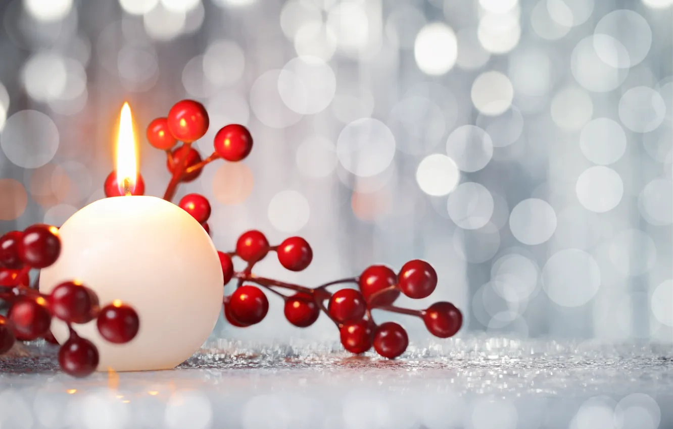 Photo wallpaper berries, candle, New Year, Christmas, Christmas, New Year, decoration