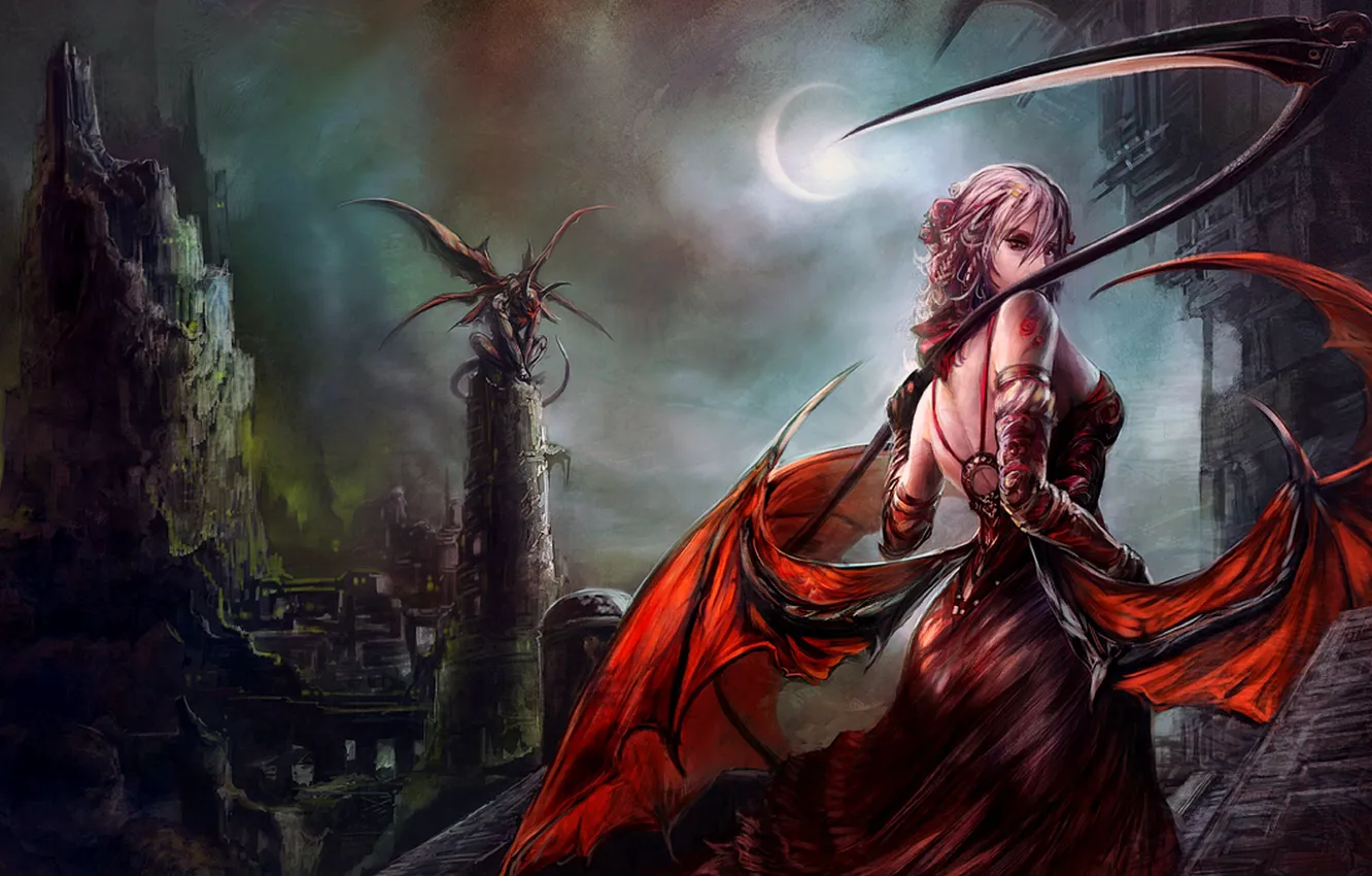 Photo wallpaper dark, demon, girl, moon, fantasy, Dark Angel, tower, dress