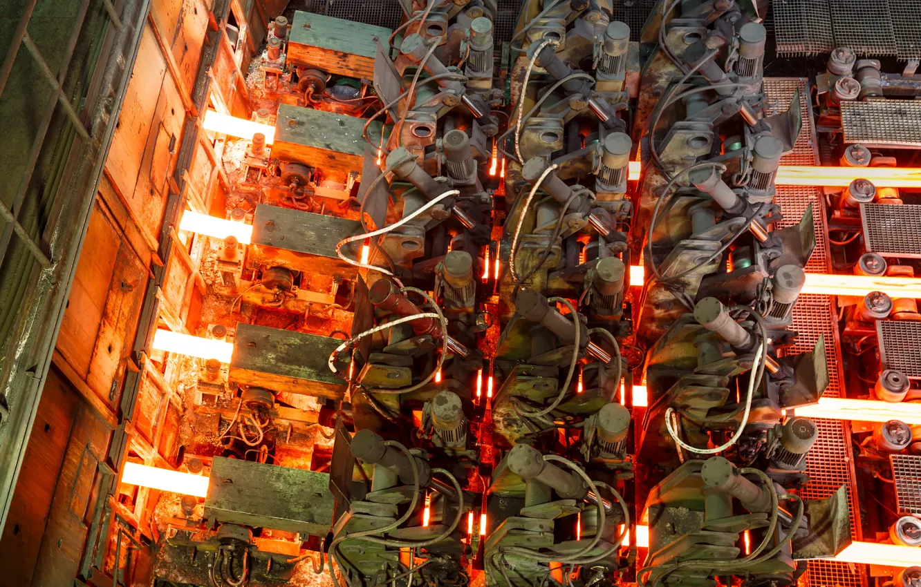 Photo wallpaper foundry, heavy machinery manufactures, red hot, heat moldable metal