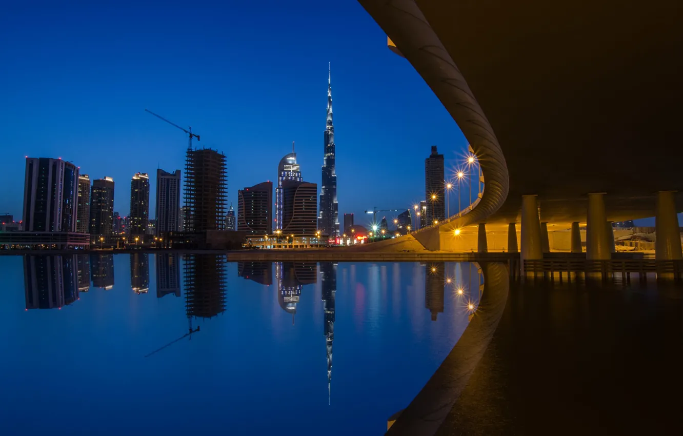 Photo wallpaper the sky, night, bridge, the city, lights, reflection, blue, shore