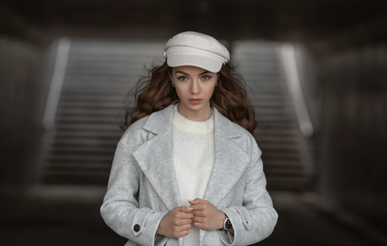 Photo wallpaper look, girl, face, cap, coat, Yuriy Korotun, Valeria Seknina