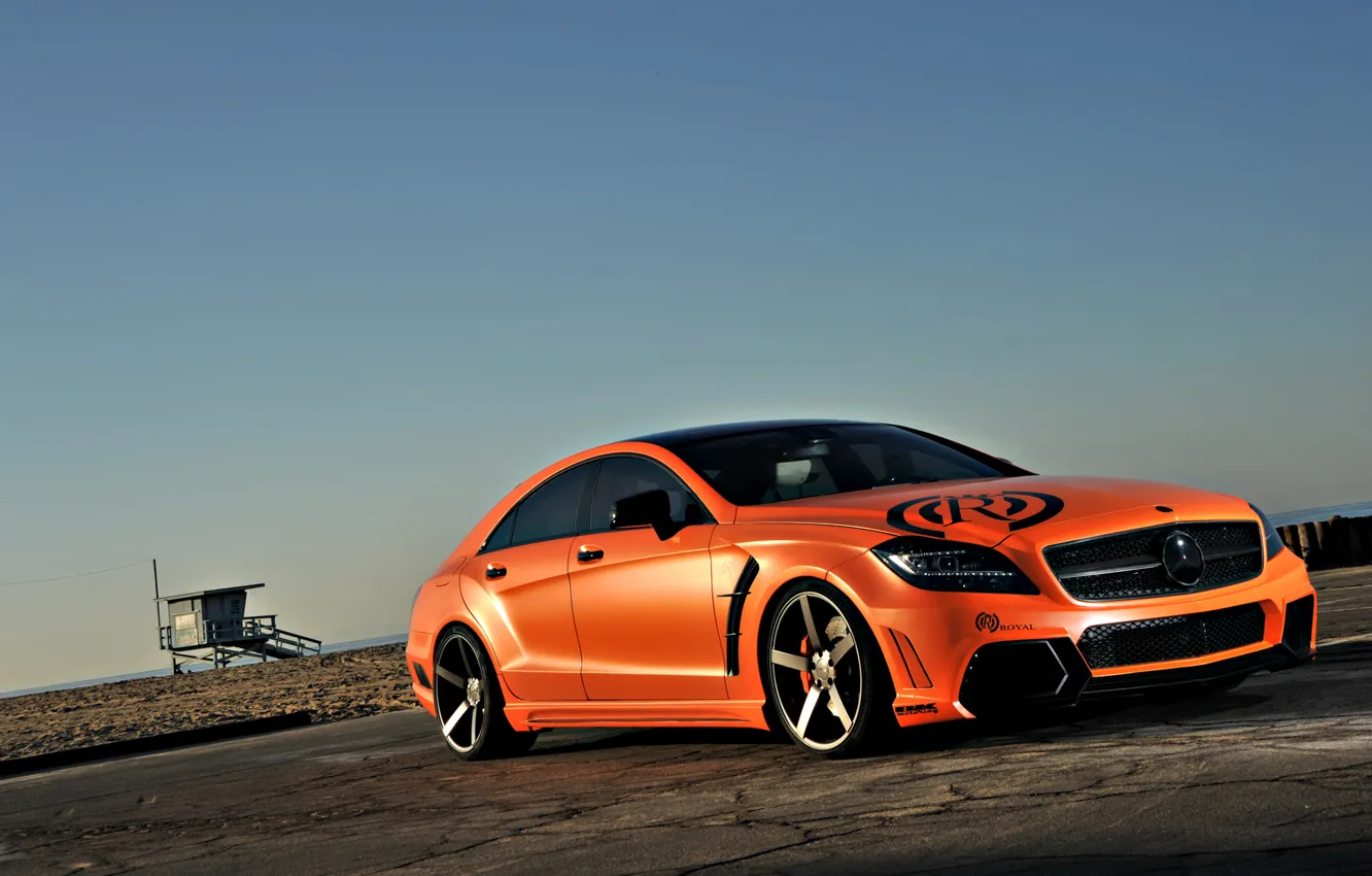 Photo wallpaper beach, the sky, orange, tuning, Mercedes-Benz, AMG, orange, Mercedes Benz