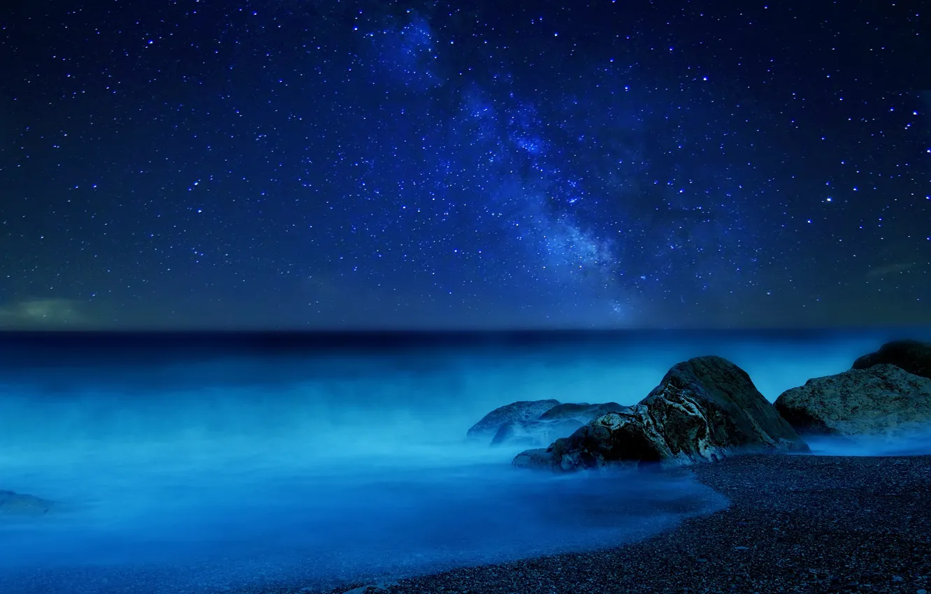 Photo wallpaper sea, the sky, stars, night, fog, the milky way