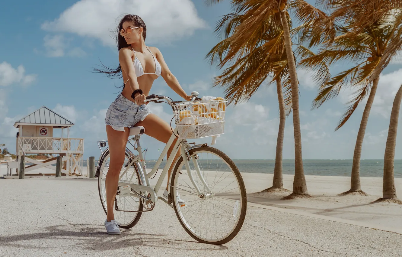Photo wallpaper bicycle, beach, sky, boobs, clouds, model, women, brunette