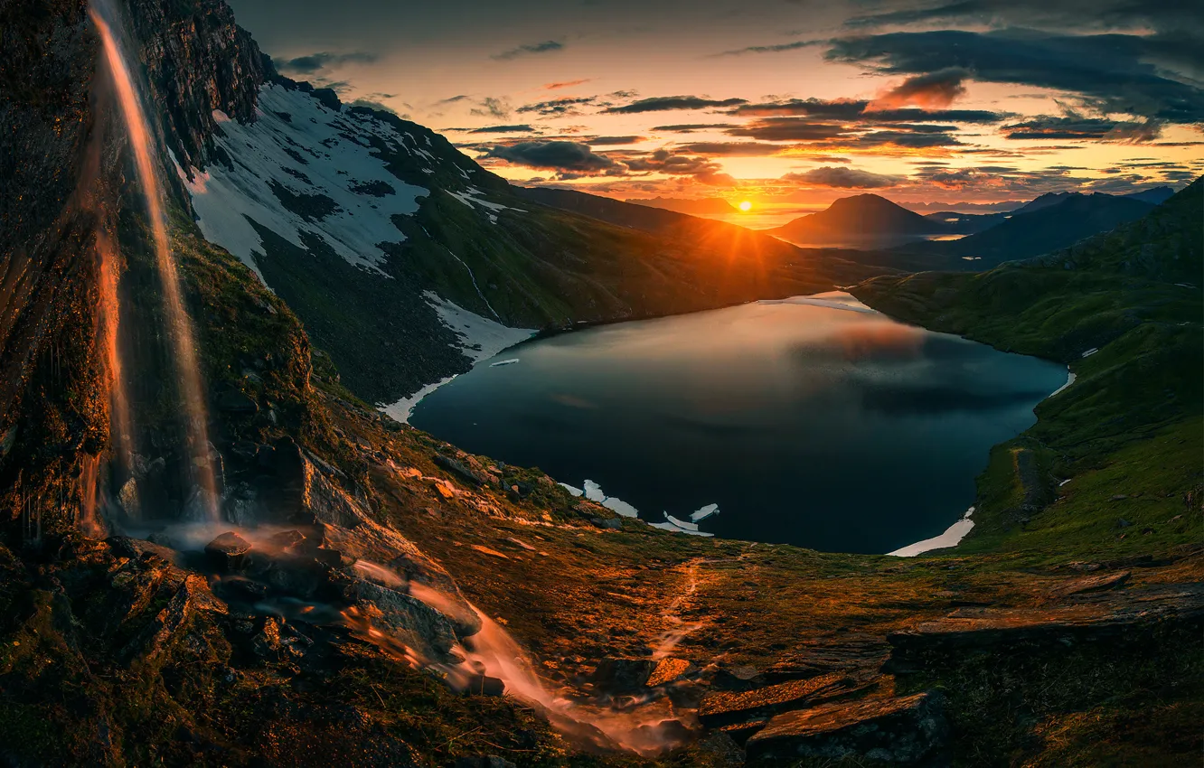 Photo wallpaper Sunset, Sunrise, Mountains, Norway, Northern, Lake