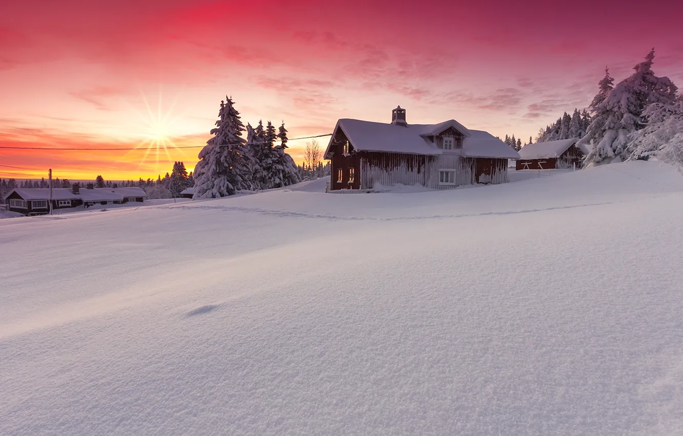 Photo wallpaper winter, the sun, snow, landscape, nature, house, dawn, beauty