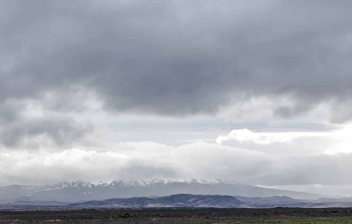Photo wallpaper field, the sky, clouds, landscape, mountains, nature, fog, horizon