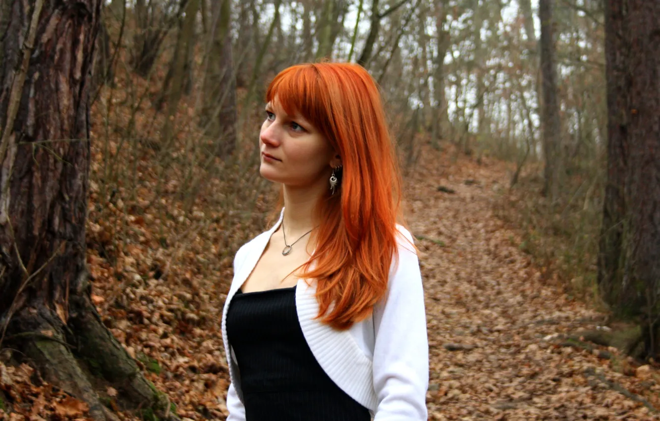 Photo wallpaper autumn, forest, girl, mood, red, brooding