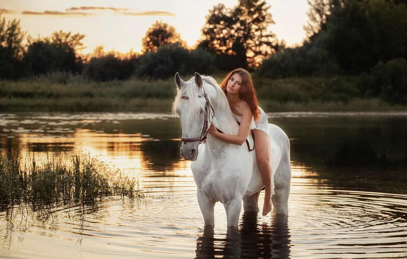 Photo wallpaper river, horse, horse, rider, Sergey Rybin