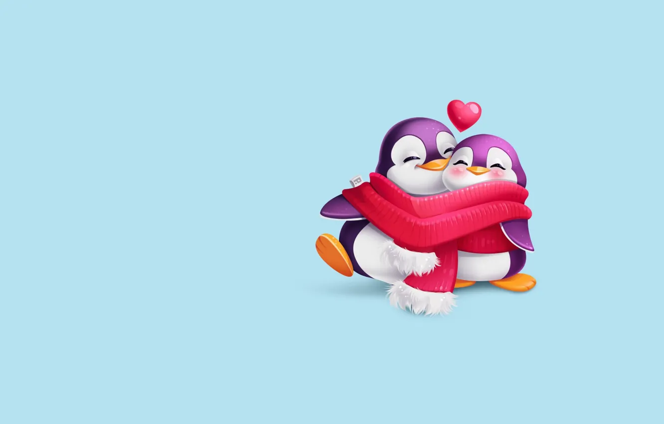 Photo wallpaper mood, holiday, minimalism, penguins, art, pair, Valentine, scarf