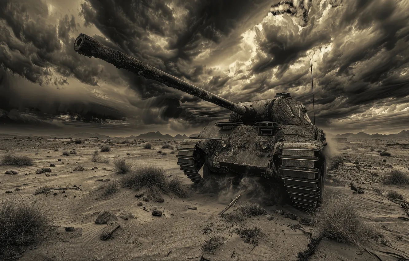 Photo wallpaper sand, clouds, tank, black and white, digital art, AI art, The Art of Artificial Intelligence, …