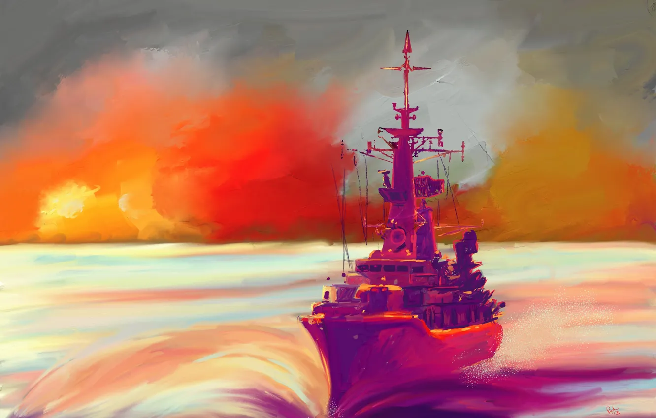 Photo wallpaper sea, sunset, ship, art