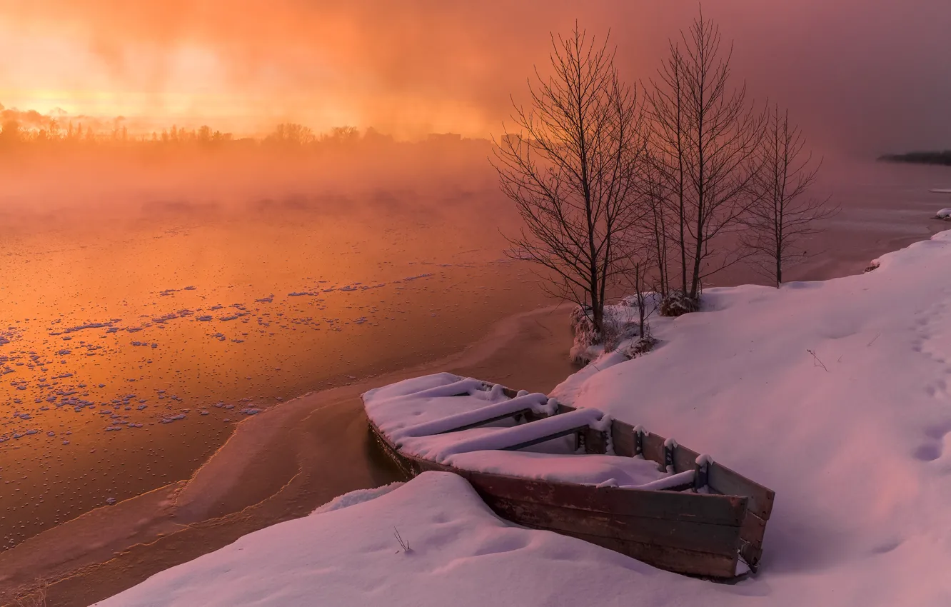 Photo wallpaper winter, snow, sunset, shore, boat, pond