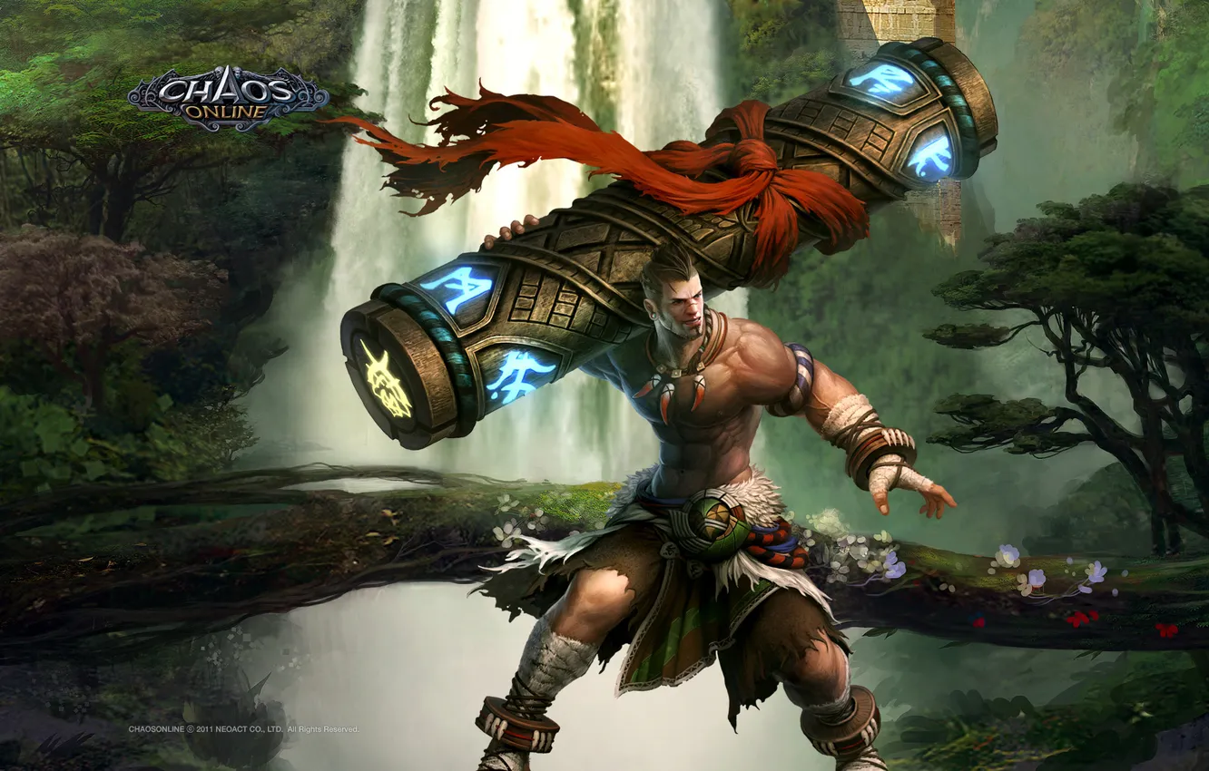 Photo wallpaper posts, waterfall, scarf, symbol, guy, Chaos Online