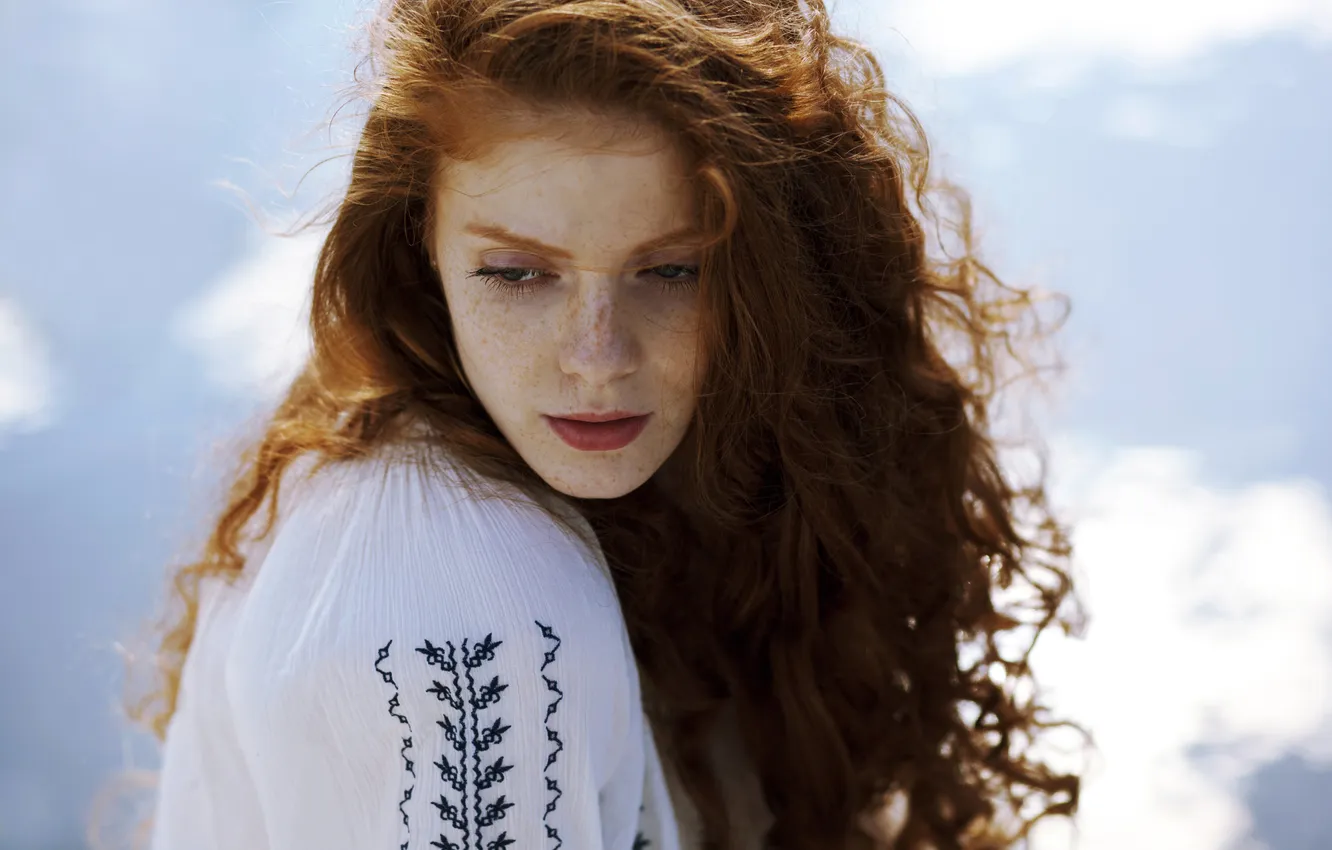 Photo wallpaper girl, freckles, red, curls