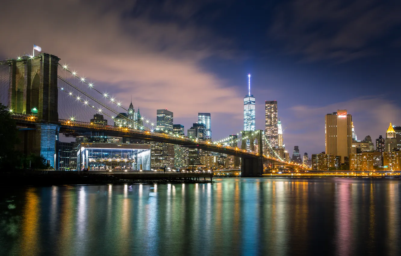 Photo wallpaper night, bridge, the city, lights, river, New York