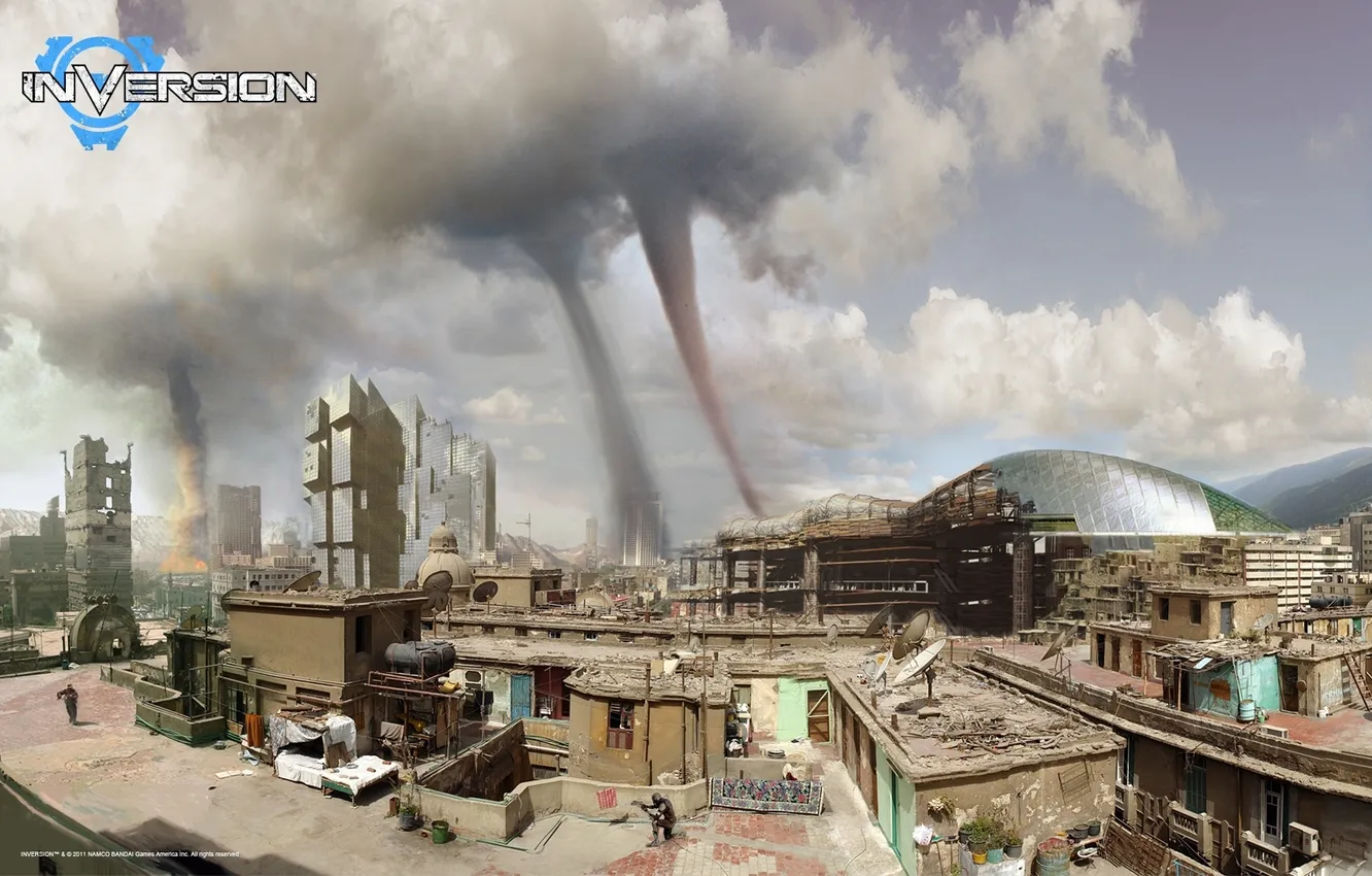 Photo wallpaper clouds, the city, tornado, game, PS3, Xbox 360, Namco Bandai Games, 1C-Softklab
