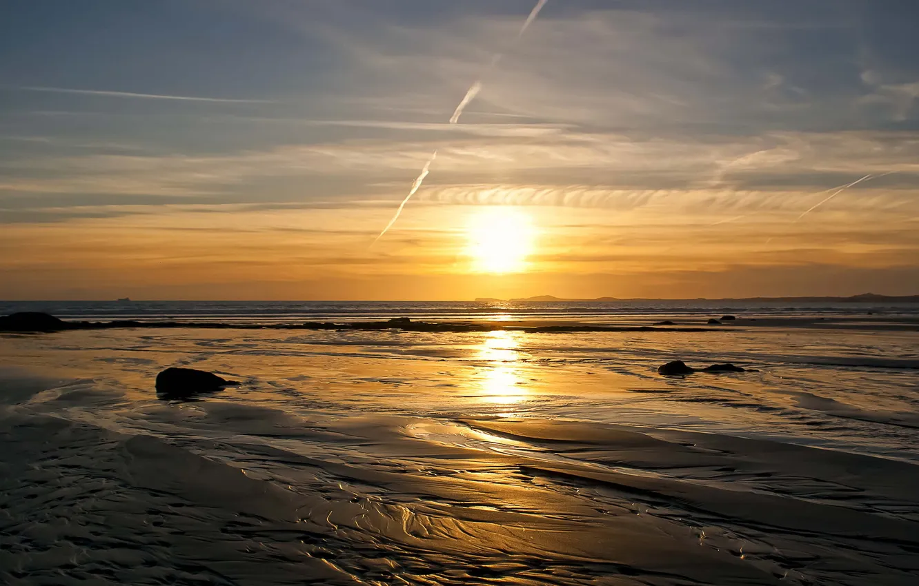 Photo wallpaper sea, wave, beach, sunset, the evening, tide
