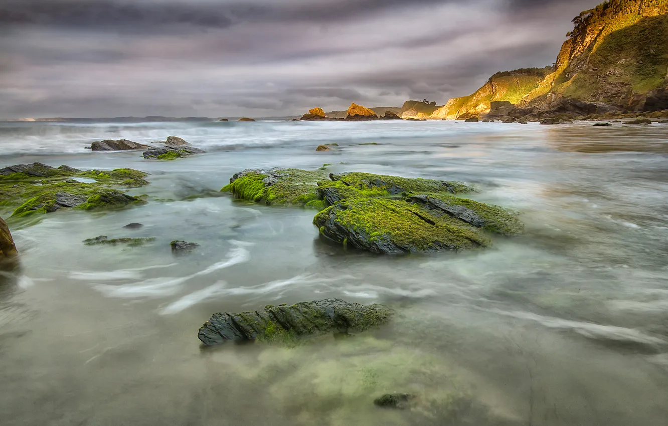 Photo wallpaper sea, the sky, clouds, algae, sunset, mountains, stones, rocks