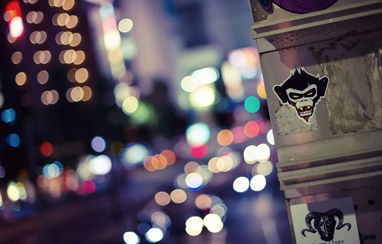 Photo wallpaper the city, lights, wall, figure, the evening, bokeh, architecture, urban