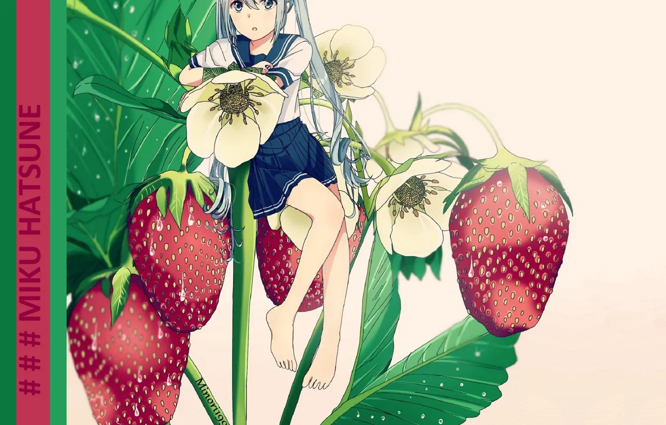 Photo wallpaper leaves, flowers, strawberry, vocaloid, hatsune miku, Vocaloid, blue hair, bangs