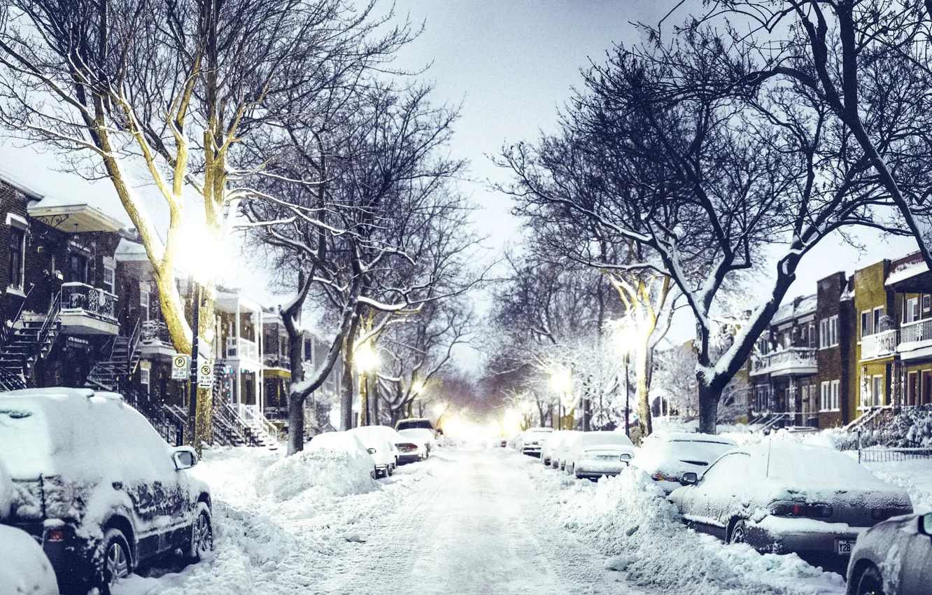 Photo wallpaper winter, road, snow, machine, the city, street, home, the evening