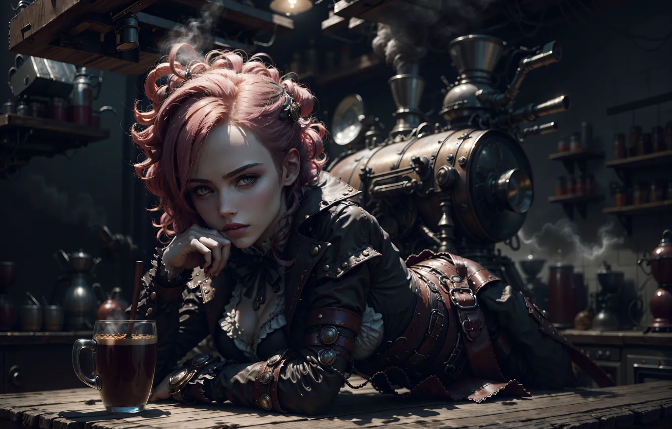 Photo wallpaper machine, girl, fantasy, steampunk, AI art, neural network